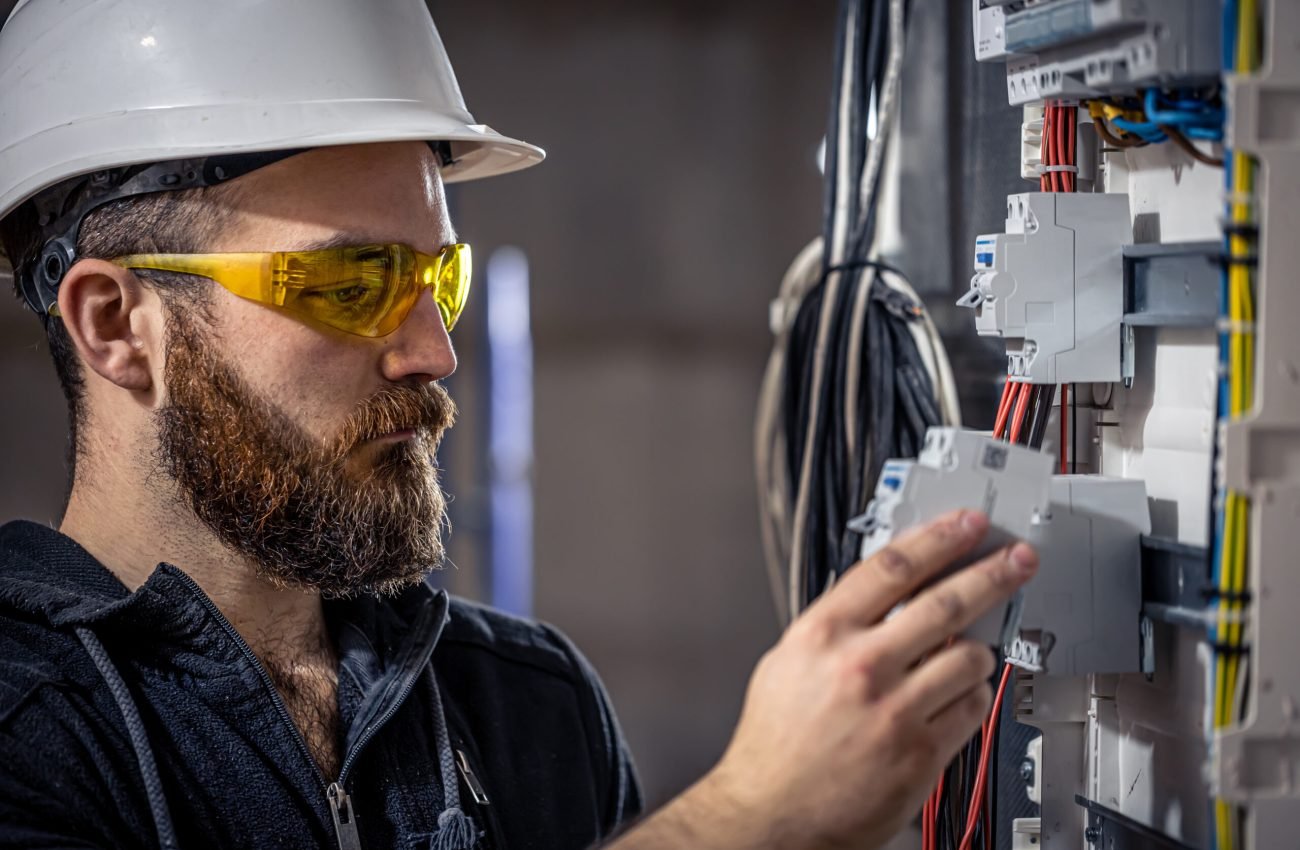 Male electrician at the checkout counter on a blurred background of a switchboard.