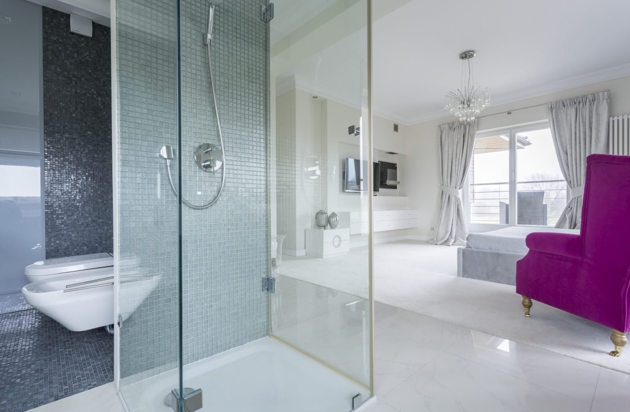 Bathroom with view of a luxurious bedroom